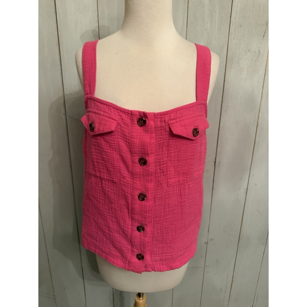 Evereve Fuchsia Pink Sammy gauze Fabric tank Top Tortoise Buttons Sz-XS